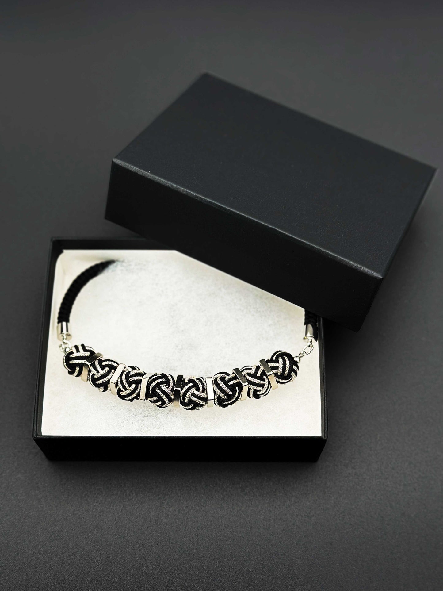 Kumihimo Silk Braided Necklace -Black&Silver-