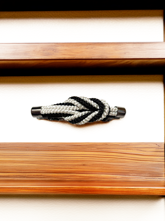 Kumihimo Hair Barrette – Double Braid / Silver × Black